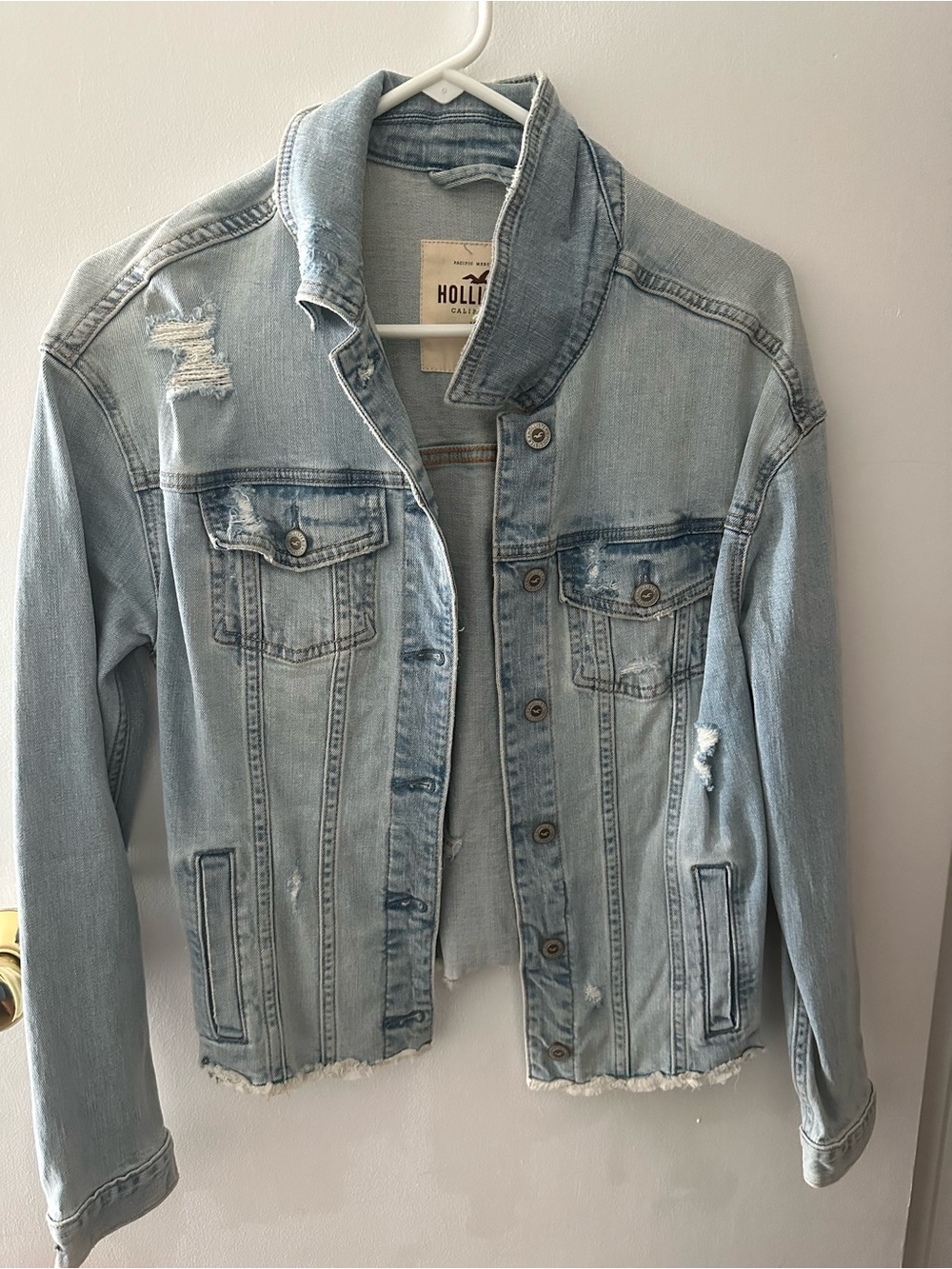 Hollister Light Wash Distressed Denim Jacket - Pale Blue